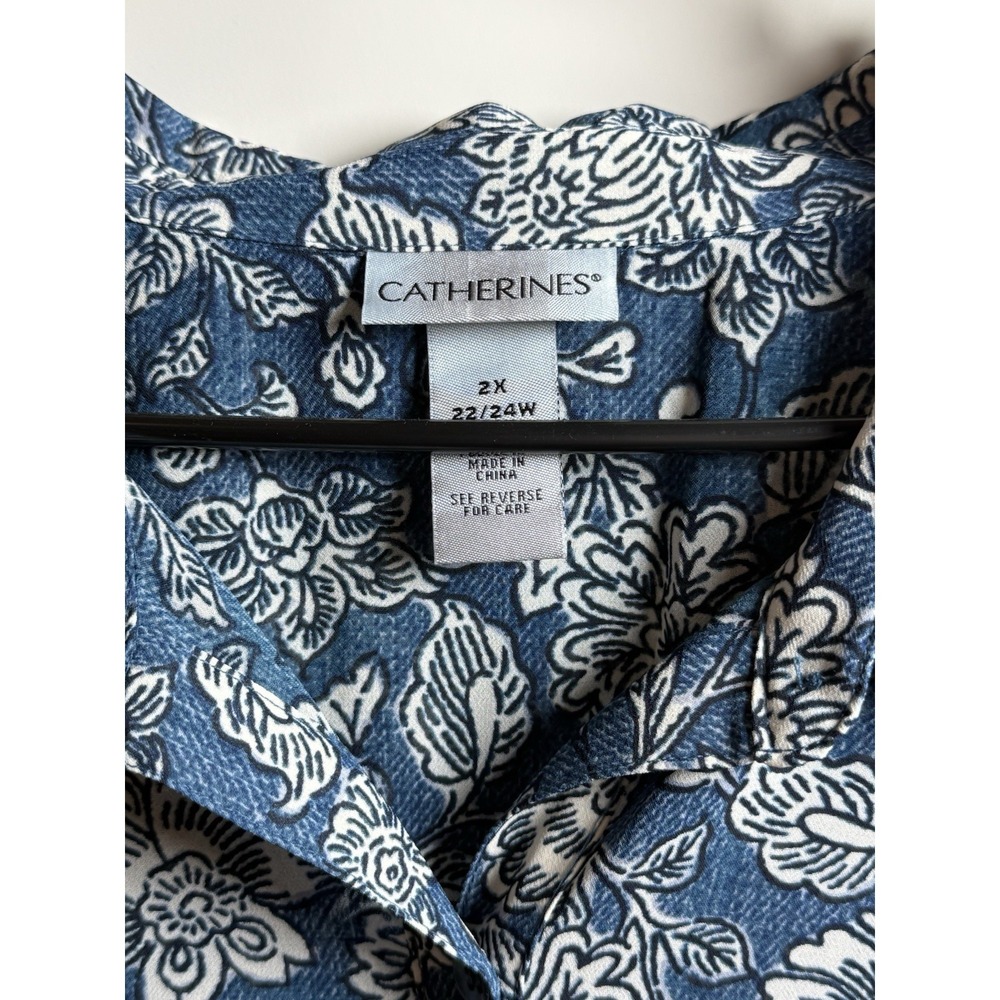 Catherines Blue Floral Button Front Shirt Dress Plus Size 2X 22/24W - Picture 2 of 3